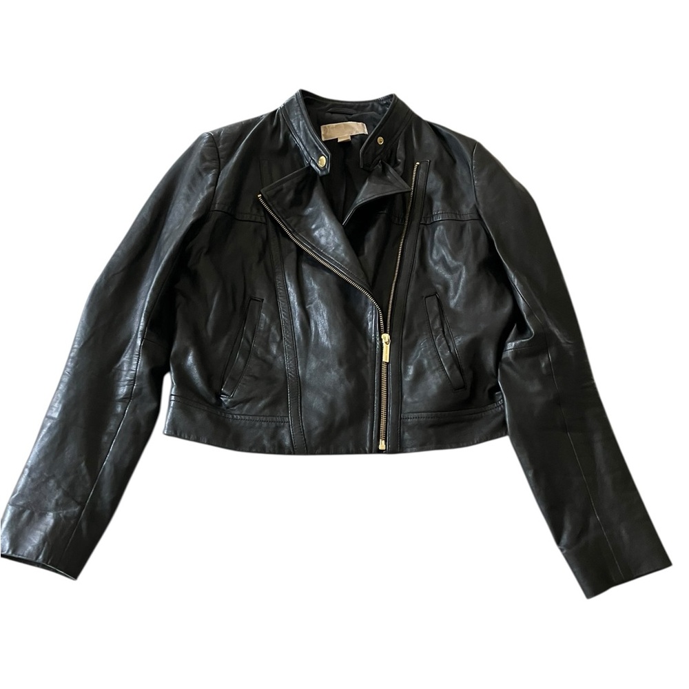 Michael Kors Black Leather Lambskin Moto Biker Jacket Gold Women’s M - Picture 2 of 15